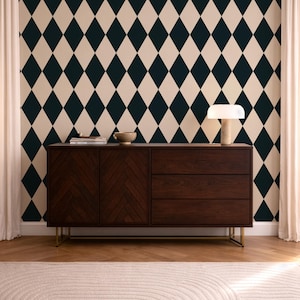 Black and Cream Diamond Wallpaper: vintage elegant checkerboard Harlequin Pattern - FREE SHIPPING