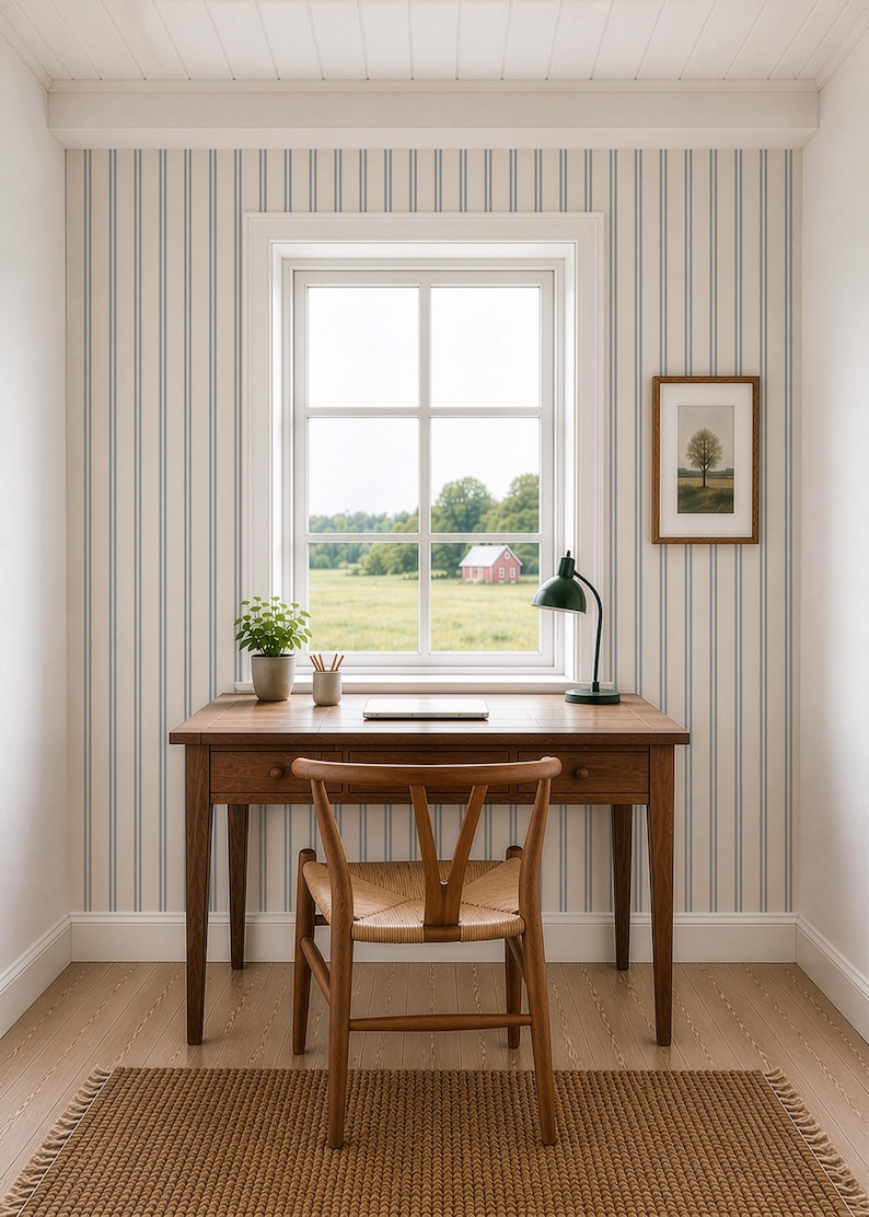 Op de afbeelding: Een houten bureau met drie lades en een bijpassende houten stoel met een gevlochten zitting. Op het bureau staan een kleine plant in een pot, een pennenhouder en een groene bureaulamp. De muur is voorzien van behang met blauw-witte verticale strepen.