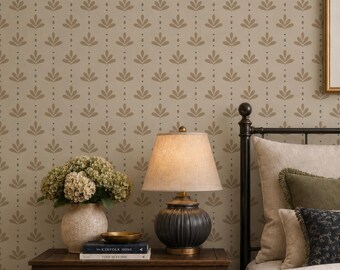Carta da parati beige vintage: rivestimento murale con motivo a foglie stampato a blocchi, decorazione accogliente per la camera da letto, decorazione rustica in stile country (autoadesiva)