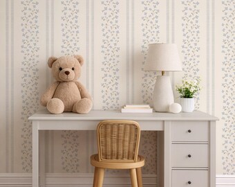 Blue Wildflower Striped Wallpaper Watercolor Ditsy Floral Nursery Wall Covering Peel and Stick Shabby Chic Floral Wall Decor Vintage Bedroom