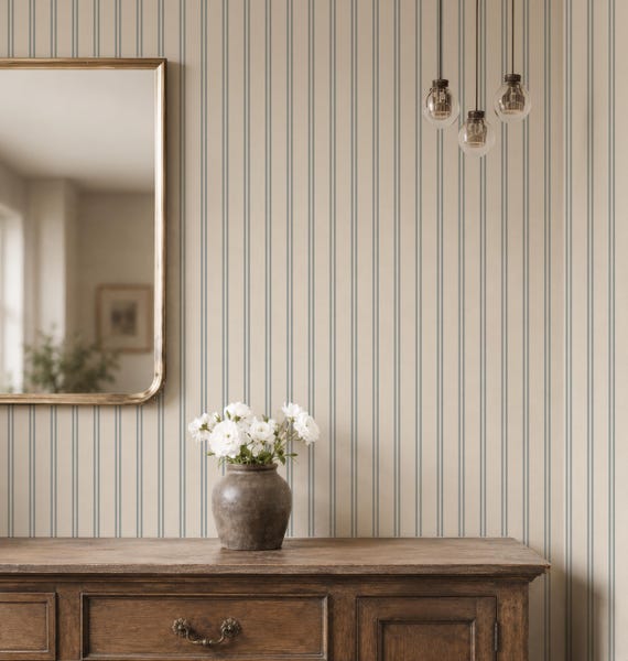 Blue striped wallpaper cozy dusty blue thin lines wall covering cute nursery wall decor coastal farmhouse elegant wallpaper peel and stick