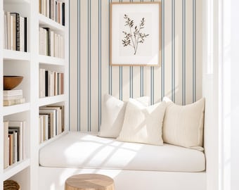Blue Cream Stripe Wallpaper: Coastal Linen Texture (Peel and Stick)