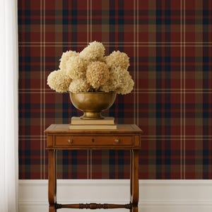 Ruby Red Plaid Wallpaper: Rustic Farmhouse Scandinavian Check Pattern - Christmas Home Decor - peel and stick Wallpaper - FREE SHIPPING