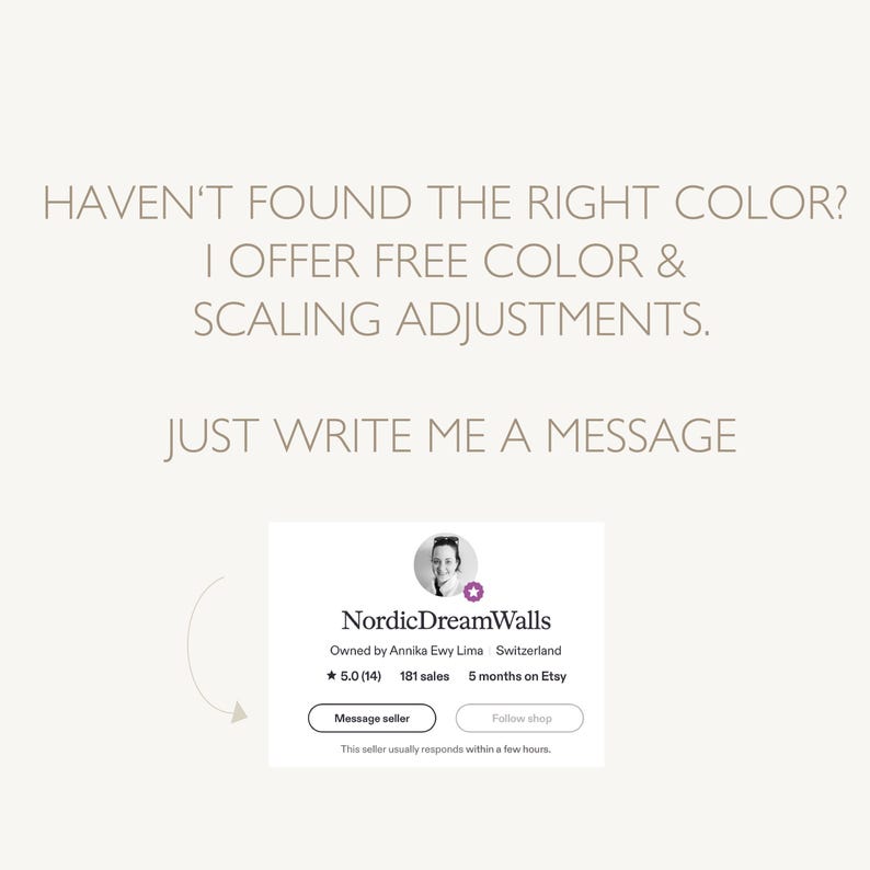 Op de afbeelding: Een lichtgekleurde afbeelding met de tekst: HAVEN'T FOUND THE RIGHT COLOR? I OFFER FREE COLOR & SCALING ADJUSTMENTS. JUST WRITE ME A MESSAGE. Daaronder staat een winkelprofielkaart voor NordicDreamWalls met een profielfoto en verkopersgegevens.