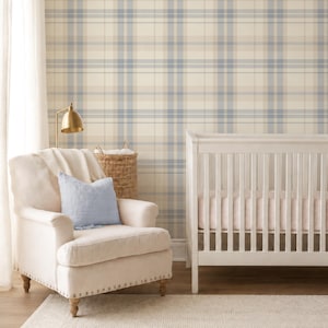 Blue Plaid removable Wallpaper: Modern cozy Cottage Decor soft blue and beige plaid - soft nursery wallpaper - peel and stick wallpaper