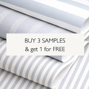 May include: Rolled wallpaper samples in shades of light blue and white. The samples feature striped and dotted patterns. Text on the image reads: BUY 3 SAMPLES & get 1 for FREE.