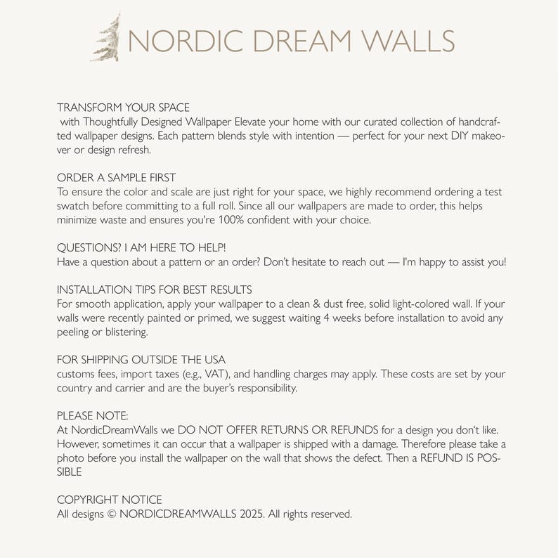 Op de afbeelding: Een wit informatiedocument getiteld NORDIC DREAM WALLS met tekst over behangcollecties, het bestellen van stalen, installatietips, internationaal verzendbeleid, retour- en restitutierichtlijnen en een copyrightvermelding.