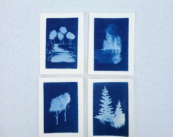 Handmade Cyanotype Note Cards – Set of 4 – Winter Watercolor Scenes