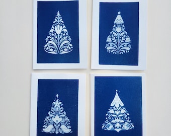 Handmade Cyanotype Note Cards – Set of 4 – Scandinavian Christmas Trees