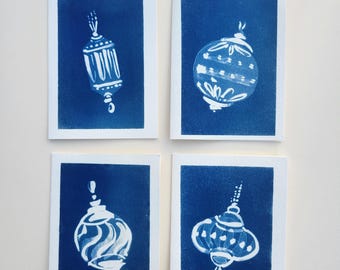 Handmade Cyanotype Note Cards – Set of 4 – Vintage Christmas Ornaments