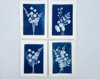 Handmade Cyanotype Note Cards – Set of 4 – Wildflower Bouquets