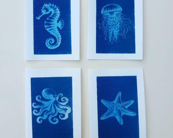Handmade Cyanotype Note Cards – Set of 4 – Sea Life Collection (Octopus, Seahorse, Jellyfish, Starfish)