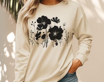 Camiseta minimalista de manga larga con estampado floral negro, talla unisex SM-3XL.