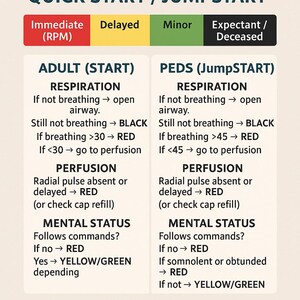 May include: A medical triage quick start guide with color-coded sections for immediate, delayed, minor, and expectant/deceased patients. Includes adult and pediatric (PEDS) assessment criteria for respiration, perfusion, and mental status. Features the Paramedic Protector logo.