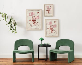 Lámina de arte mural de cóctel Cin Cin – Ilustración retro de copa de vino – Decoración de bar rosa y rojo – Descarga digital