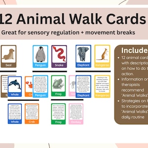 Animal Walk Cards for Kids – 12 Printable Visual Cards + OT Guide. For Sensory Regulation, Movement Breaks and Gross Motor Skills.