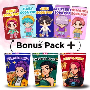 May include: A collection of illustrated soda cans and ramen cups. The soda cans feature cartoon characters and the text "ABBY", "BABY", "JINU", and "MYSTERYROMANCE". The ramen cups display female characters and the text "SUPERSTAR FLAVOUR", "AMBURGER FLAVOUR", and "SPICY FLAVOUR".