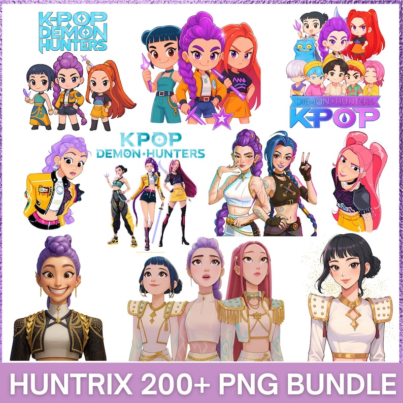 May include: A collection of digital illustrations featuring stylized K-Pop characters with vibrant hair colors and outfits. The text "K-POP DEMON HUNTERS" and "HUNTRIX 200+ PNG BUNDLE" are visible. The images showcase various poses and styles.
