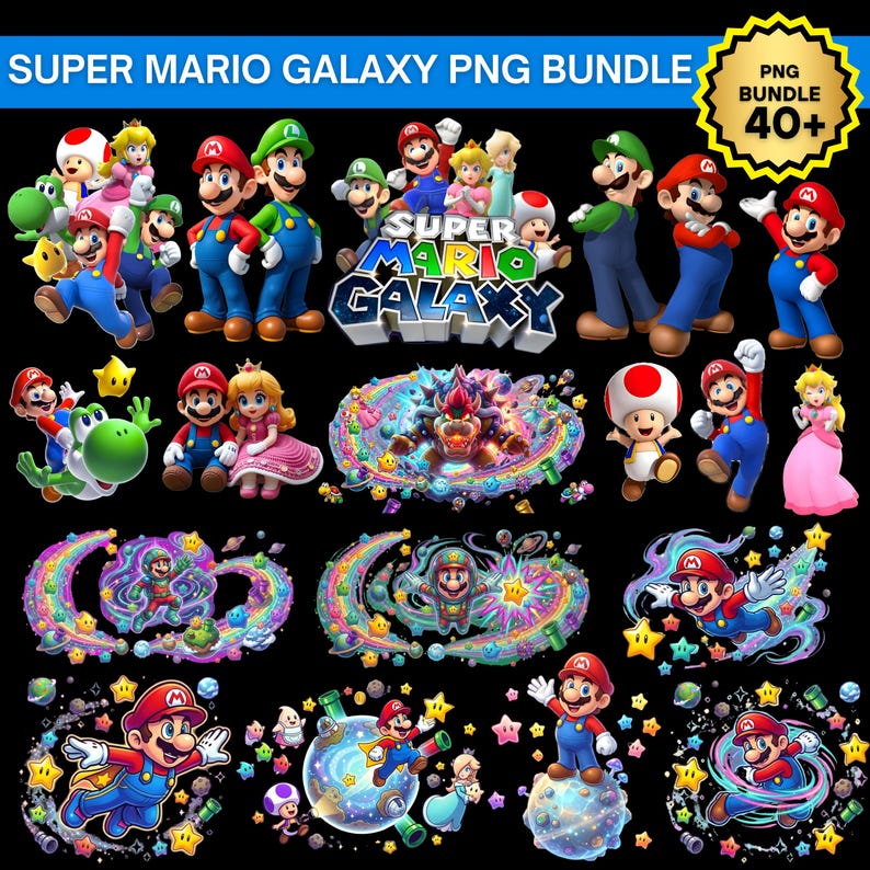 May include: A digital PNG bundle featuring various characters from the Super Mario Galaxy game. The image includes Mario, Luigi, Princess Peach, Yoshi, and other characters in colorful, cartoon-style illustrations. The text "SUPER MARIO GALAXY PNG BUNDLE" is displayed at the top.