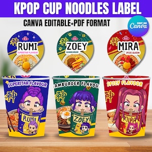 May include: A graphic design featuring three KPOP cup noodle labels. The labels are round with the names "RUMI", "ZOEY", and "MIRA". The cups below have the same names and feature cartoon illustrations of girls with noodles. The text "SUPERSTAR FLAVOUR", "HAMBURGER FLAVOUR", and "SPICY FLAVOUR" are also visible.