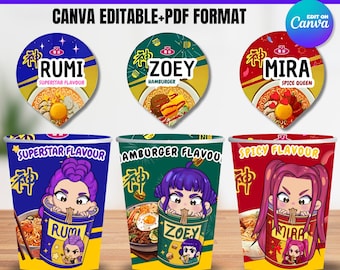Etiquetas para fideos instantáneos con nombre personalizado editables de Canva: Cazador de demonios del K-pop, Cazador de demonios del K-pop imprimible, Rumi, Mira, Zoey, para decoración de fiestas navideñas
