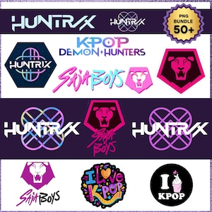 May include: A collection of KPOP-themed logos and graphics in various designs. The logos feature text such as "HUNTRAX", "KPOP DEMON+HUNTERS", and "SAJA BOYS". The color palette includes shades of purple, pink, and blue.