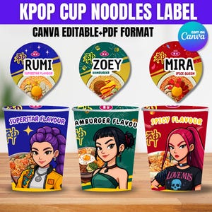 Op de afbeelding: KPOP-beker noedels label met drie verschillende smaken: Superstar, Hamburger en Spicy. Elke beker heeft een cartoon illustratie van een vrouw en de smaaknaam. Het label is in een Canva bewerkbaar PDF-formaat.
