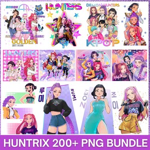 May include: A collection of colorful digital illustrations featuring stylized anime-style characters. The images include various poses and outfits, with text overlays such as "Hunters," "KPOP," and character names. The bottom of the image reads "HUNTRIX 200+ PNG BUNDLE."