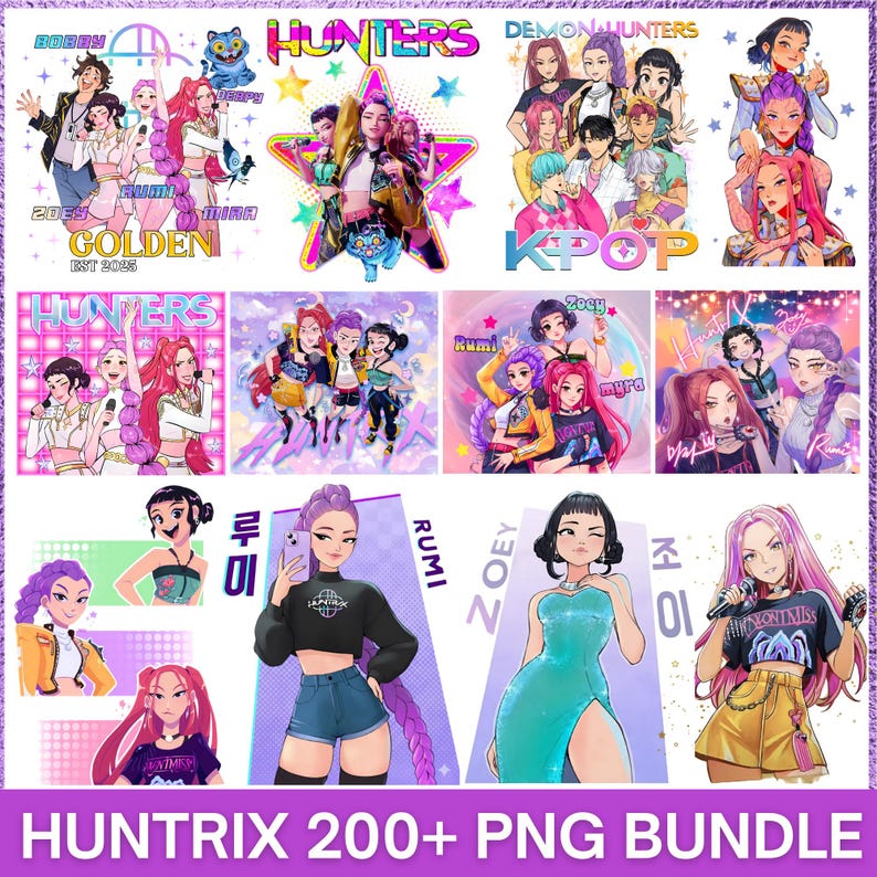May include: A collection of colorful digital illustrations featuring stylized anime-style characters. The images include various poses and outfits, with text overlays such as "Hunters," "KPOP," and character names. The bottom of the image reads "HUNTRIX 200+ PNG BUNDLE."