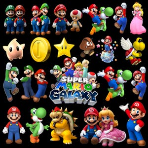 May include: A collection of colorful Super Mario characters and elements on a black background. Includes Mario, Luigi, Princess Peach, Yoshi, Bowser, coins, stars, and the Super Mario Galaxy logo.