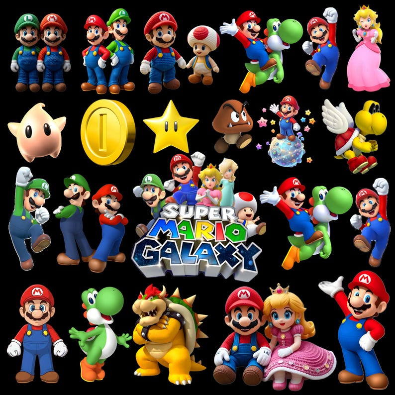May include: A collection of colorful Super Mario characters and elements on a black background. Includes Mario, Luigi, Princess Peach, Yoshi, Bowser, coins, stars, and the Super Mario Galaxy logo.