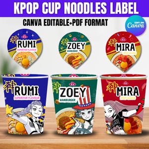 Op de afbeelding: Afbeelding van KPOP-beker noodle-labels. De labels zijn paars, groen en rood. De labels hebben de namen RUMI, ZOEY en MIRA. De labels hebben ook de tekst "SUPERSTAR FLAVOUR", "HAMBURGER" en "SPICY QUEEN". De labels zijn in een Canva bewerkbaar PDF-formaat.