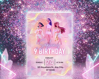 May include: A pink birthday invitation with three cartoon girls. The invitation reads "Sophia's 9th Birthday" with the date February 24th at 9 AM. The address is 123 Anywhere St., Any City, ST 12345.