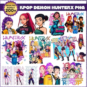 Puede incluir: Un paquete de arte digital con gráficos KPop Demon Hunterx PNG. La colección incluye varias ilustraciones de personajes femeninos estilizados con poses dinámicas, colores vibrantes y el texto "HUNTRAX", "ZOEY", "RUMI" y "MIRA".