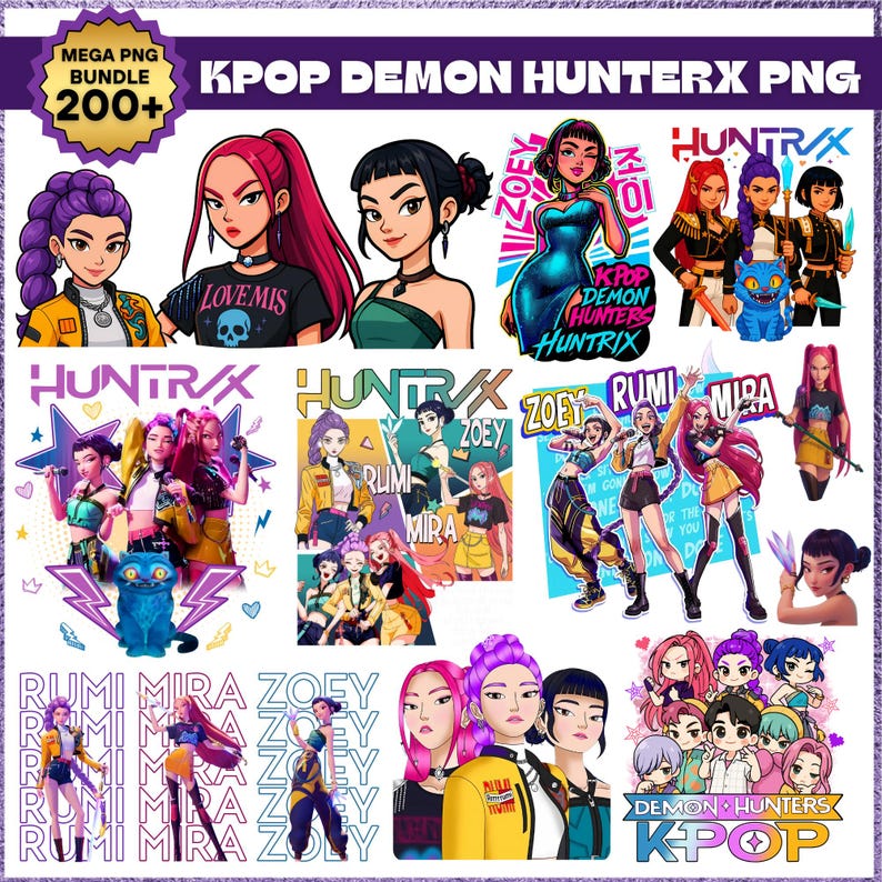 May include: A digital art bundle featuring KPop Demon Hunterx PNG graphics. The collection includes various illustrations of stylized female characters with dynamic poses, vibrant colors, and the text "HUNTRAX", "ZOEY", "RUMI", and "MIRA".
