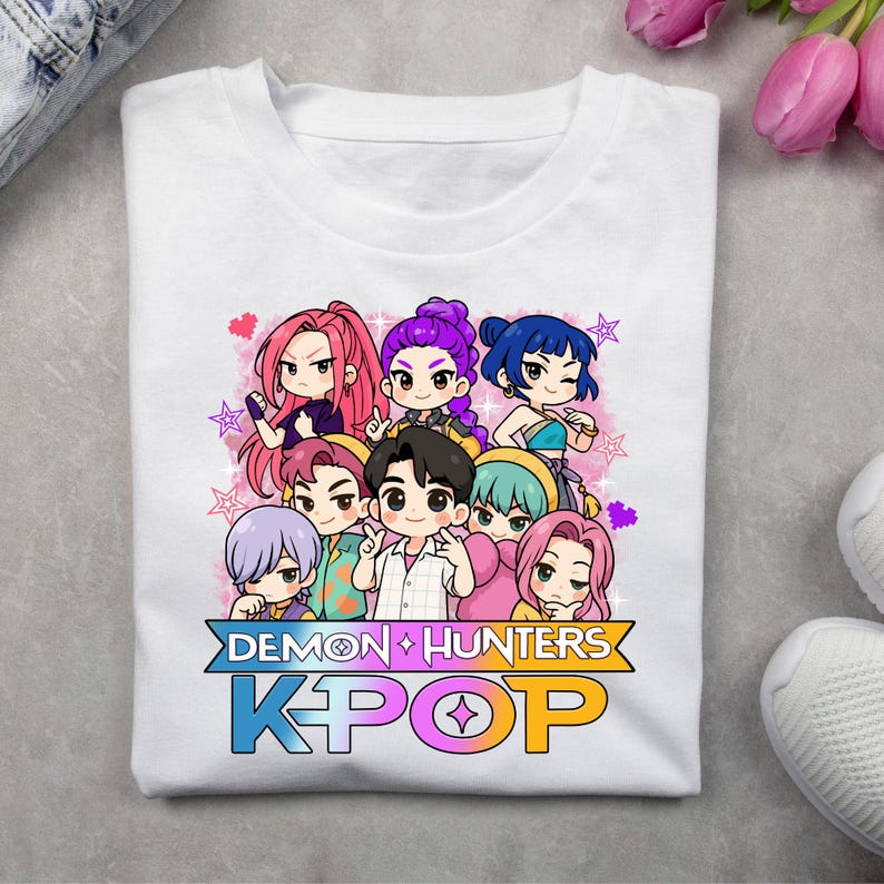 May include: White t-shirt featuring a colorful graphic of anime-style characters. The design includes the text "DEMON HUNTERS" above "KPOP" in a gradient color scheme. The characters have various hair colors and expressions.