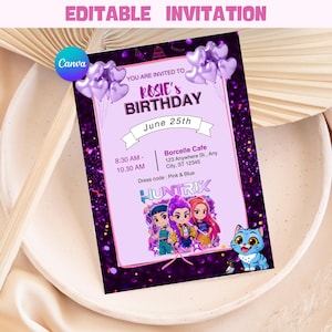 Op de afbeelding: Een verjaardagsuitnodiging met een paars en roze thema. De uitnodiging bevat de tekst "Rosie's Birthday" en evenementdetails. Het ontwerp bevat cartoonfiguren en een blauwe kattenillustratie.