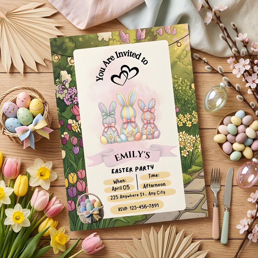 Easter Party Invitation Template | Canva Editable Bunny Easter Invite ...
