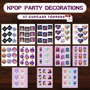 Może przedstawiać: Dekoracje na imprezę Kpop z 37 topperami na babeczki. Toppery prezentują r&oacute;żne wzory ze zdjęciami gwiazd Kpop i tekstem. Paleta kolor&oacute;w obejmuje r&oacute;ż, fiolet i niebieski. Tekst zawiera imiona i frazy.