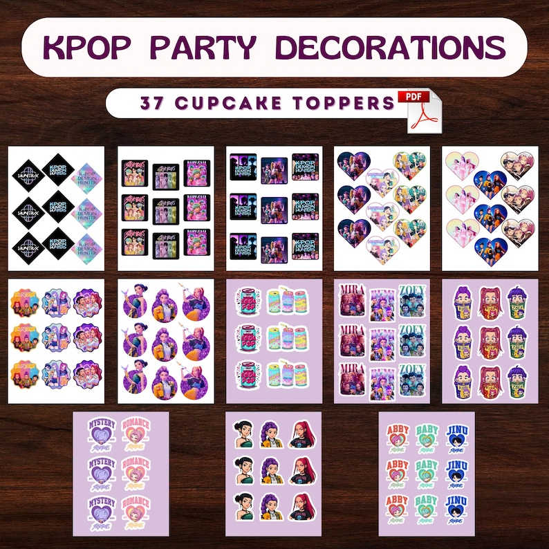 Może przedstawiać: Dekoracje na imprezę Kpop z 37 topperami na babeczki. Toppery prezentują r&oacute;żne wzory ze zdjęciami gwiazd Kpop i tekstem. Paleta kolor&oacute;w obejmuje r&oacute;ż, fiolet i niebieski. Tekst zawiera imiona i frazy.