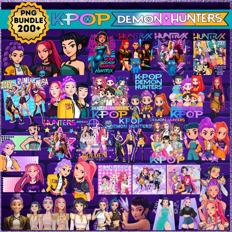May include: A digital art bundle featuring K-Pop Demon Hunters. The image showcases various illustrations of female characters in vibrant colors, with text overlays including "PNG Bundle 200+" and "K-Pop Demon Hunters."