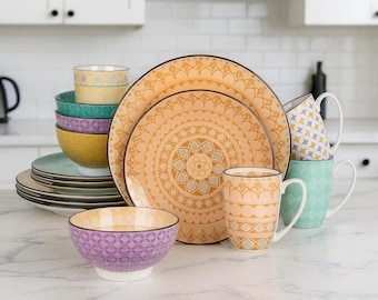 Multicolour Porcelain Dinnerware Set – 16/32/48 Pc Plates, Bowls & Mugs
