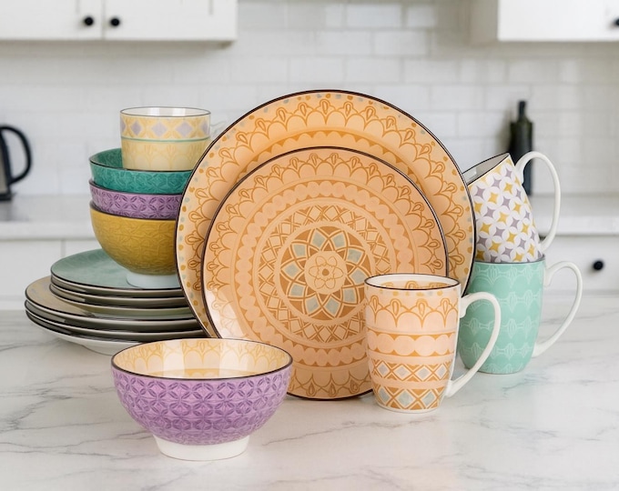 Multicolour Porcelain Dinnerware Set – 16/32/48 Pc Plates, Bowls & Mugs