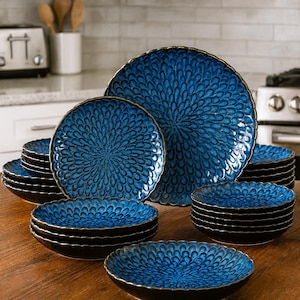 Blue Stoneware Dinnerware Set – 12 Pc Textured Ceramic Plates & Bowls