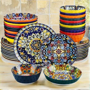 Bohemian Stoneware Dinnerware Set – 24-48 Piece Plates & Bowls
