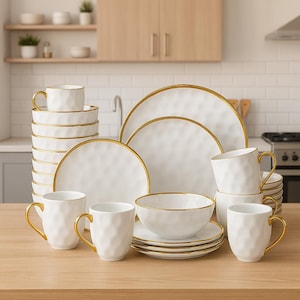 Gold Rim White Porcelain Dinnerware Set – Modern 16/32 Piece Tableware