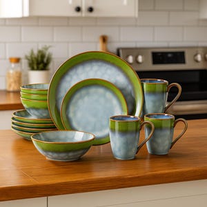 Green Glaze Dinnerware Set – Plates, Bowls & Mugs, 16/32/48-Piece