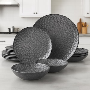Grey Stoneware Dinnerware Set – 12 Pc Textured Ceramic Plates & Bowls