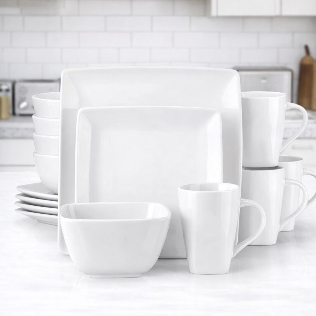 Square Tableware White Square Porcelain Dinnerware Set – 16/24/32/48 Pc Plates, Bowls ...