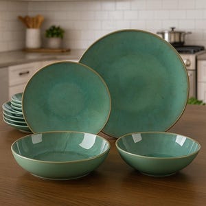 Green Embossed Stoneware Dinnerware Set – 16/32 Pc Service for 4, 8, 12